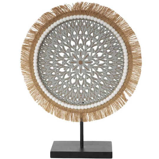17.75" Gray Wooden Tribal Handmade Seagrass Fringed Decorative Sculpture with Black Base